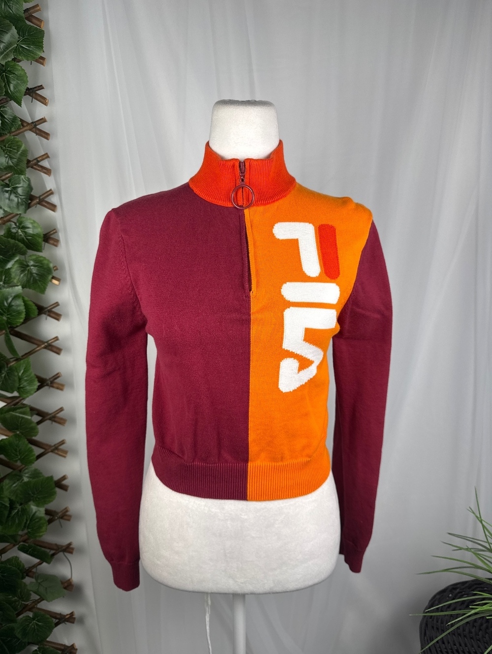 Fila Vintage Colorblock Half Zip Sweater Jacket Burgundy Orange Med